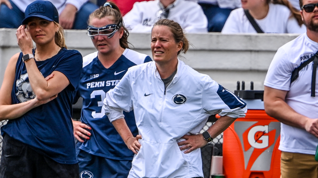 Penn State coach Missy Doherty watches from the sideline during a 2023 game at Johns Hopkins