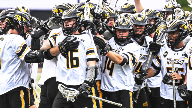 Towson men's lacrosse players celebrate after a CAA semifinal OT win over Hofstra