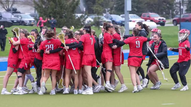 Wesleyan women's lacrosse celebration