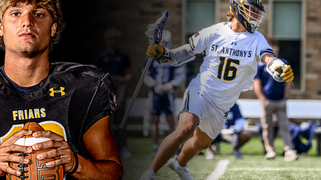 Composition of St. Anthony's (N.Y.) two-sport standout Gary Merrill with football portrait and lacrosse action images