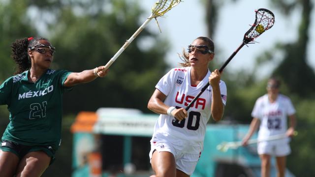 Kori Edmondson looks to pass the ball in a USA game against Mexico
