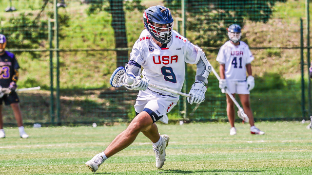 U.S. Men's U20 National Team attackman Owen Duffy carries the ball in his stick during a game against the Haudenosaunee Nationals at the World Lacrosse Men's U20 Championship in South Korea.