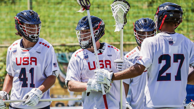 United States defensemen Kyle Foster, Quintan Kilrain and Shawn Lyght convene during a break in the action against Canada at the World Lacrosse Men's U20 World Championship in South Korea.