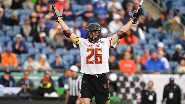 Maryland's AJ Larkin raises his arms above his head during last year's NCAA lacrosse tournament