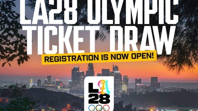 Graphic with Los Angeles skyline and LA28 logo