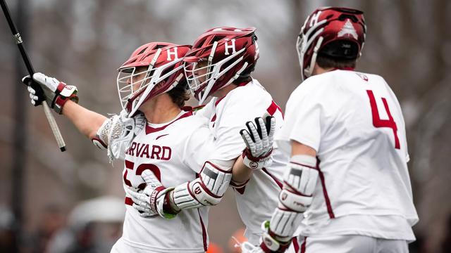 Harvard players celebrate during its men's lacrosse game against Syracuse