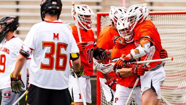 Princeton men's lacrosse celebrates a goal against Maryland