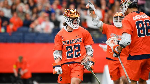 Joey Spallina celebrates after a Syracuse goal against Duke on Saturday