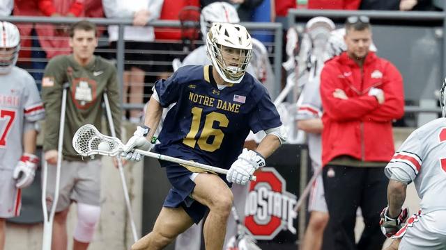Notre Dame's Will Maheras cradles the ball against Ohio State