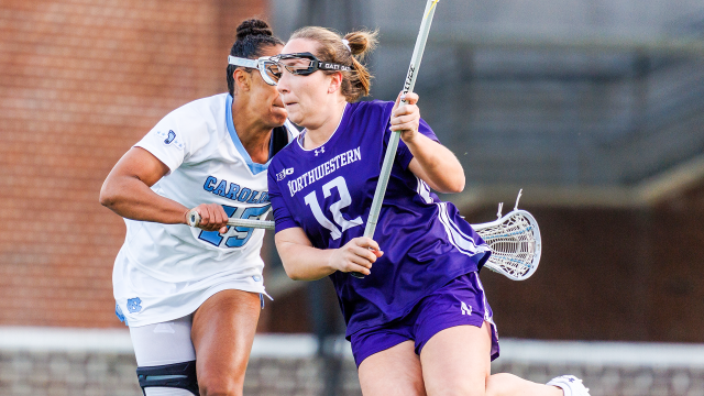 Northwestern's Olivia Adamson works against North Carolina's Brooklyn Walker-Welch