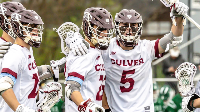 Culver Academy (Ind.) lacrosse players gather to celebrate a goal in their comeback win over Western Reserve Academy (Ohio).