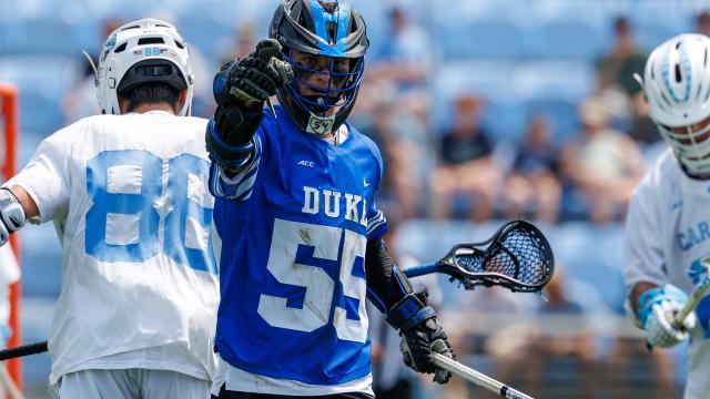 Duke's Liam Kershis points to the crowd after scoring a goal against North Carolina