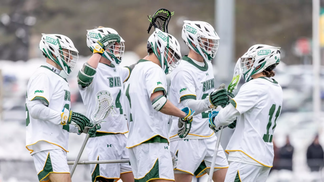 Siena men's lacrosse goal celebration as team