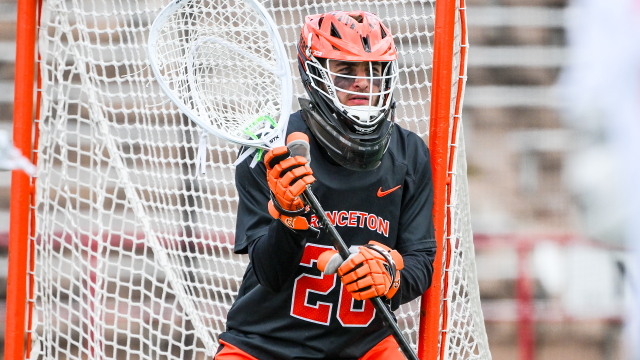 Princeton goalie Ryan Croddick during the Ivy League championship game at Cornell, leaning against the post to protect the net