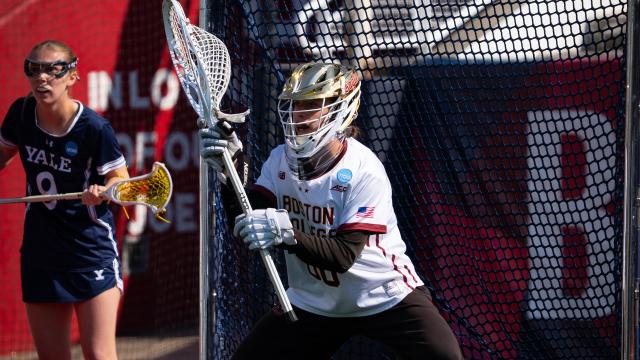 Shea Dolce guards the goal for Boston College during an NCAA tournament game against Yale