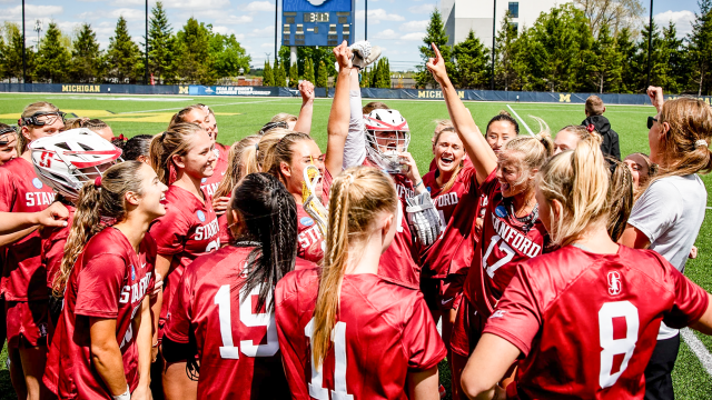 Stanford women's lacrosse celebrates its NCAA second-round win at Michigan