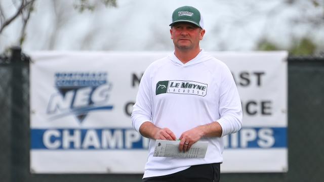 Le Moyne lacrosse coach Dan Sheehan on the sideline during the Northeast Conference championships