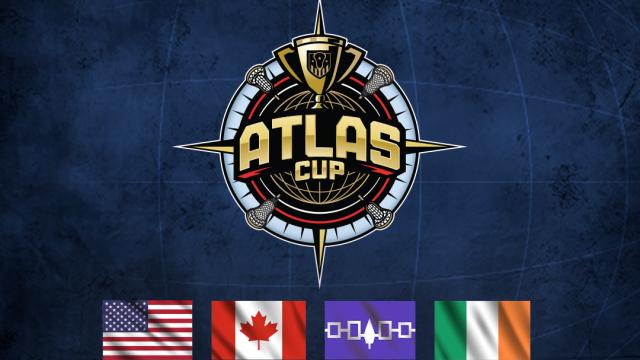 Atlas Cup logo with USA, Canada, Haudenosaunee and Ireland flags on a blue background