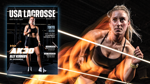 USA Lacrosse Magazine July 2026 edition cover and supporting image from Ally Kennedy photo shoot at The Yard Gym in Annapolis, Md.