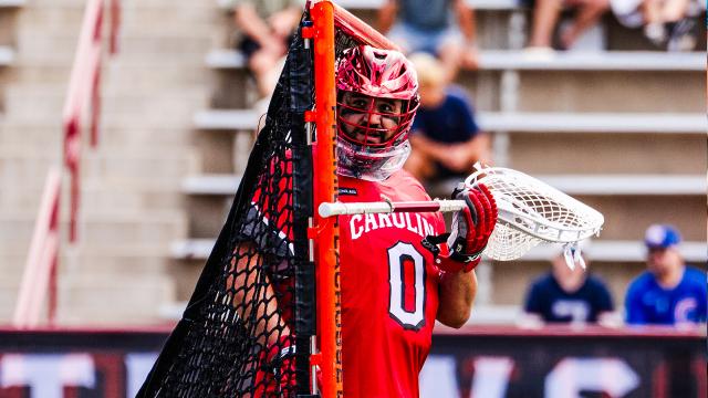 Carolina Chaos goalie Blaze Riorden with body inside goal and eyes on action at goal line extended during a Premier Lacrosse League game