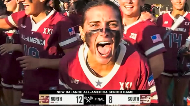Screenshot of ESPNU broadcast with Maeve Magarity after the South goalie won MVP honors in the New Balance Senior All-America Lacrosse Game at Towson