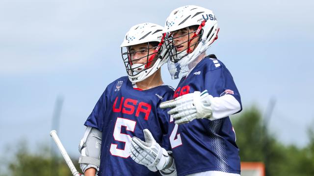 Bennet Lusin (5) and Christian Caldroney (2) share a moment during the 2025 Rivalry Challenge.