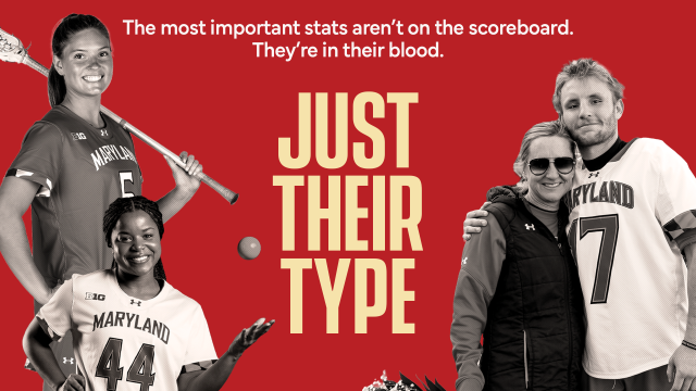 Graphic with photos of Maryland lacrosse players Kayla Gilmore, Kennedy Major and Riley Reese as well as women's lacrosse coach Cathy Reese with son, Reilly