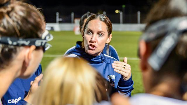 Lindsey Munday in the huddle at the 2025 Atlas Cup at USA Lacrosse