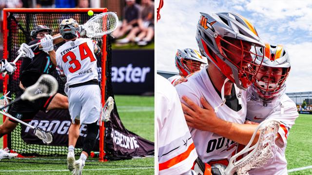 Split image of Ryan Terefenko's last-second shot and then Terefenko celebrating with Logan McNaney after it was rule a goal upon review, as the Denver Outlaws defeated the Maryland Whipsnakes at Ohio State Lacrosse Stadium in Columbus, Ohio.