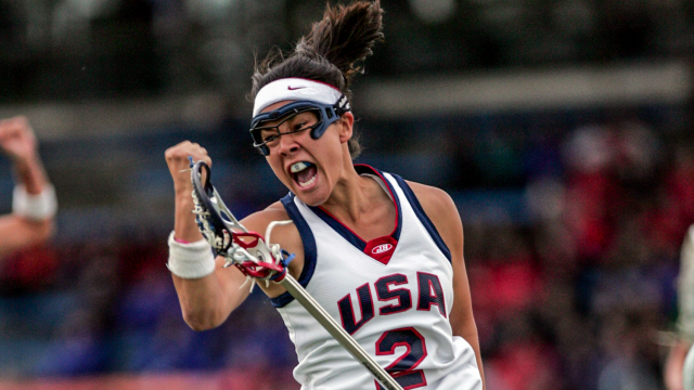 Sarah Albrecht Meehan roars after scoring a goal in the 2009 World Lacrosse Women's Championship final.