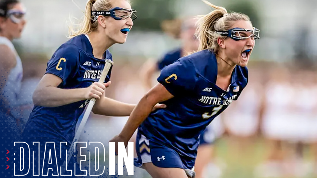 Notre Dame's Kasey Choma (right) and Madison Ahern celebrate after Choma's game-winning goal in an NCAA tournament second-round game at Florida.
