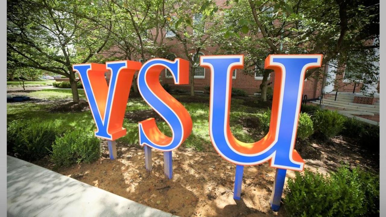 The "VSU" sign on Virginia State University's campus.
