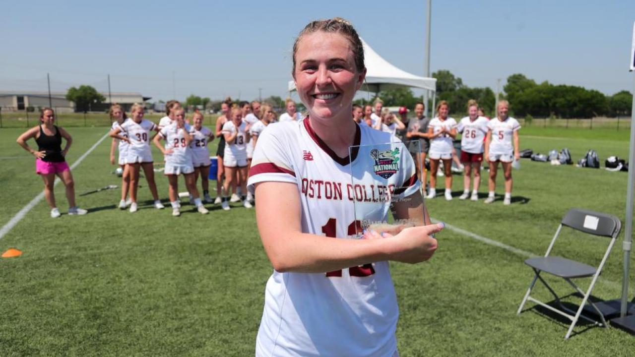 Senior attacker Katie Duttenhofer of Boston College is the WCLA’s 2023 Division I Amtahcha/Player of Year after helping BC to a 14-0 record and number one seed in the championship tournament.