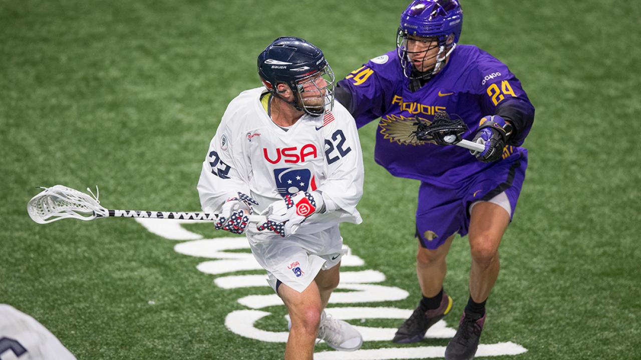 Connor Kelly in action for the U.S. men's box team at the 2019 world championship. The U.S. men will have two events in September to prep for the 2024 World Lacrosse Box Championships.