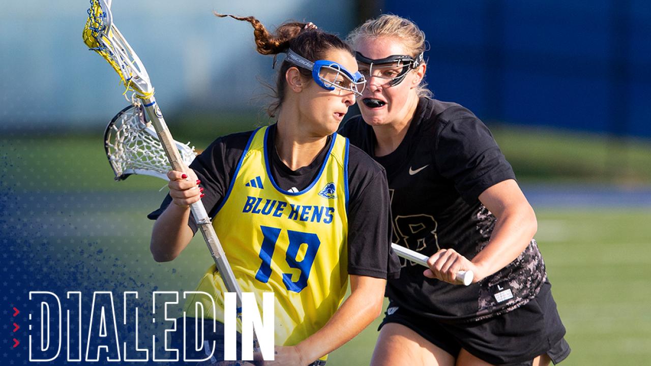 A Delaware and Vanderbilt player square off during a women's scrimmage.