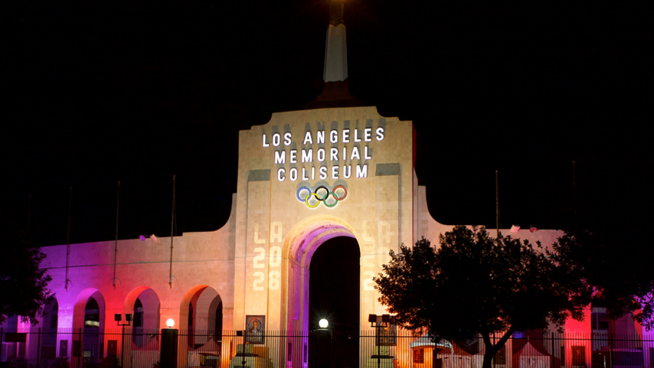Los Angeles Memorial Coliseum at night.