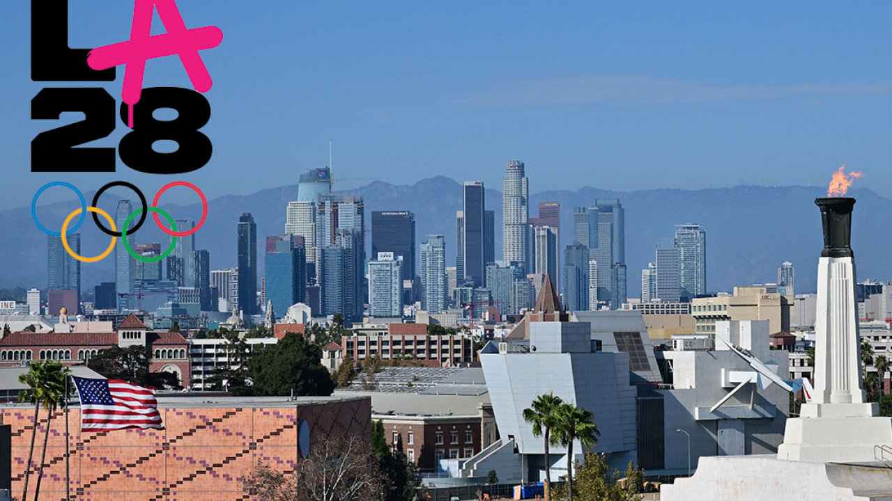 The Los Angeles skyline with the "LA28" logo.