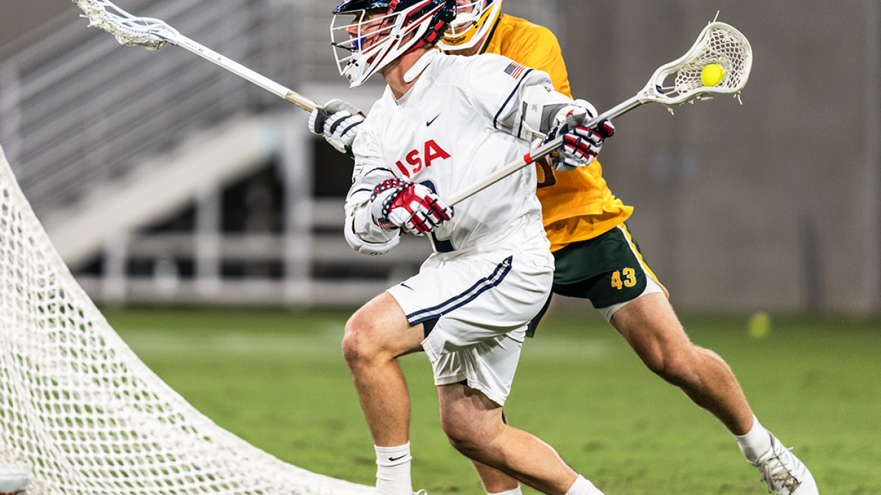 Michael Sowers operates behind the goal. The U.S. midfielder/attackman scored two goals and added an assist in an 11-2 win over Australia in the World Lacrosse Men's Championship semifinals at Snapdragon Stadium in San Diego.