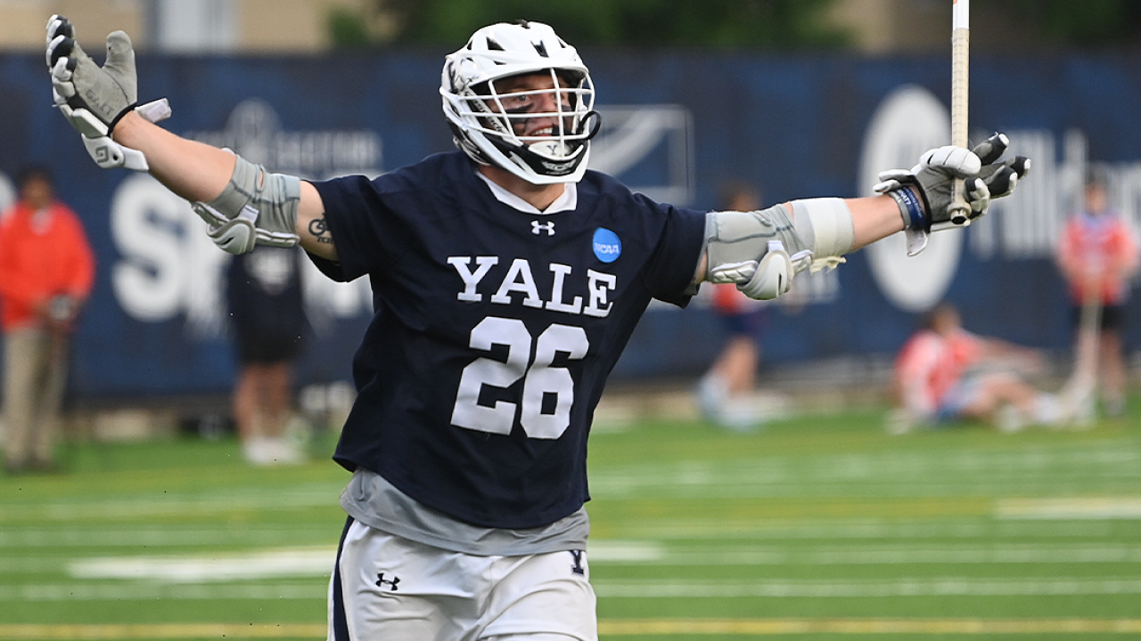 Patrick Hackler celebrates a Yale goal.