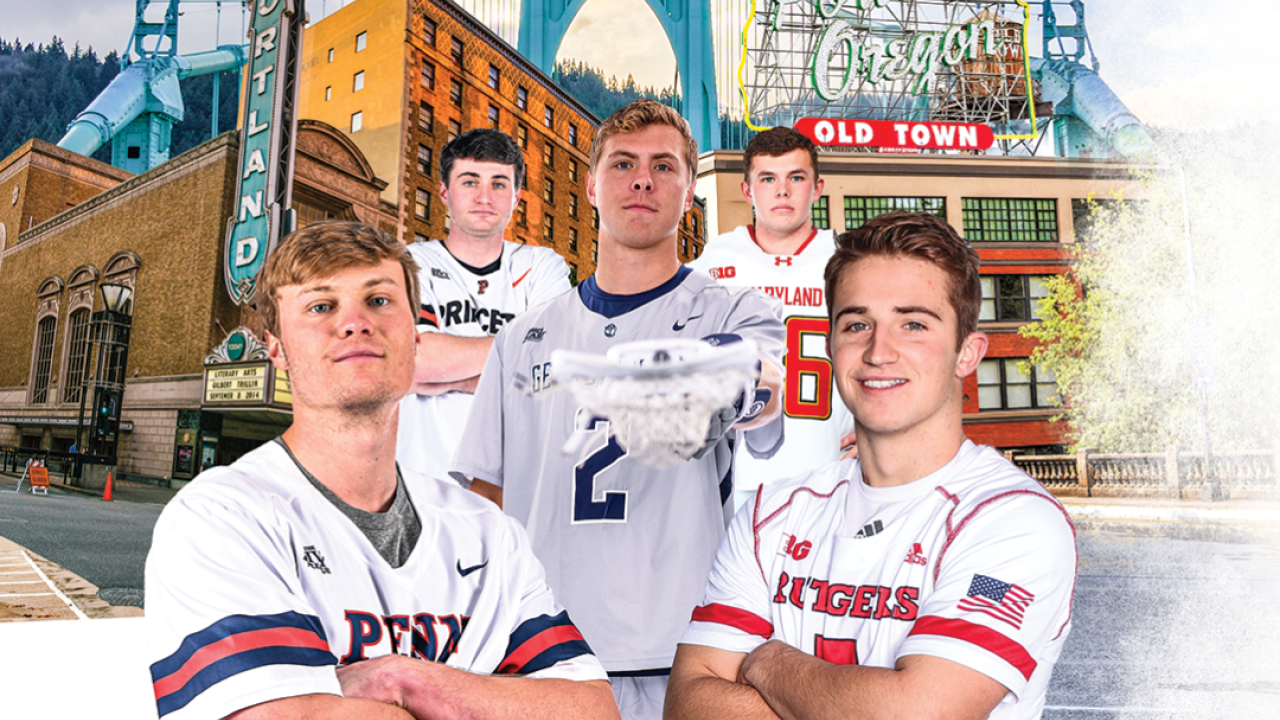From left, Penn's Sam Handley, Princeton's Alex Slusher, Georgetown's Tucker Dordevic, Maryland's Ajax Zappitello and Rutgers' Ross Scott are part of a wave of Portland products making waves in college lacrosse.