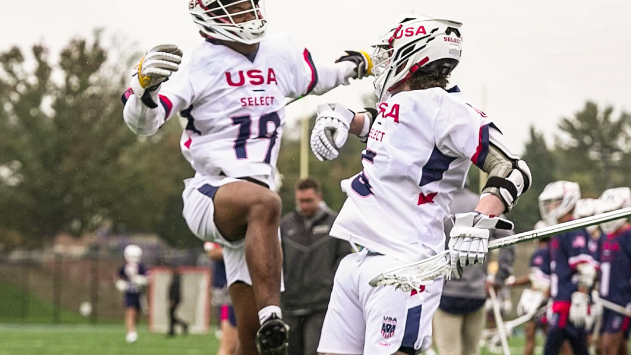 Midfielder Justin Brown (19) scored five goals, including three in the fourth quarter, to lead the USA Select U18 men's team to a 9-8 win over Team Ontario in Brogden Cup competition at Gilman School in Baltimore.