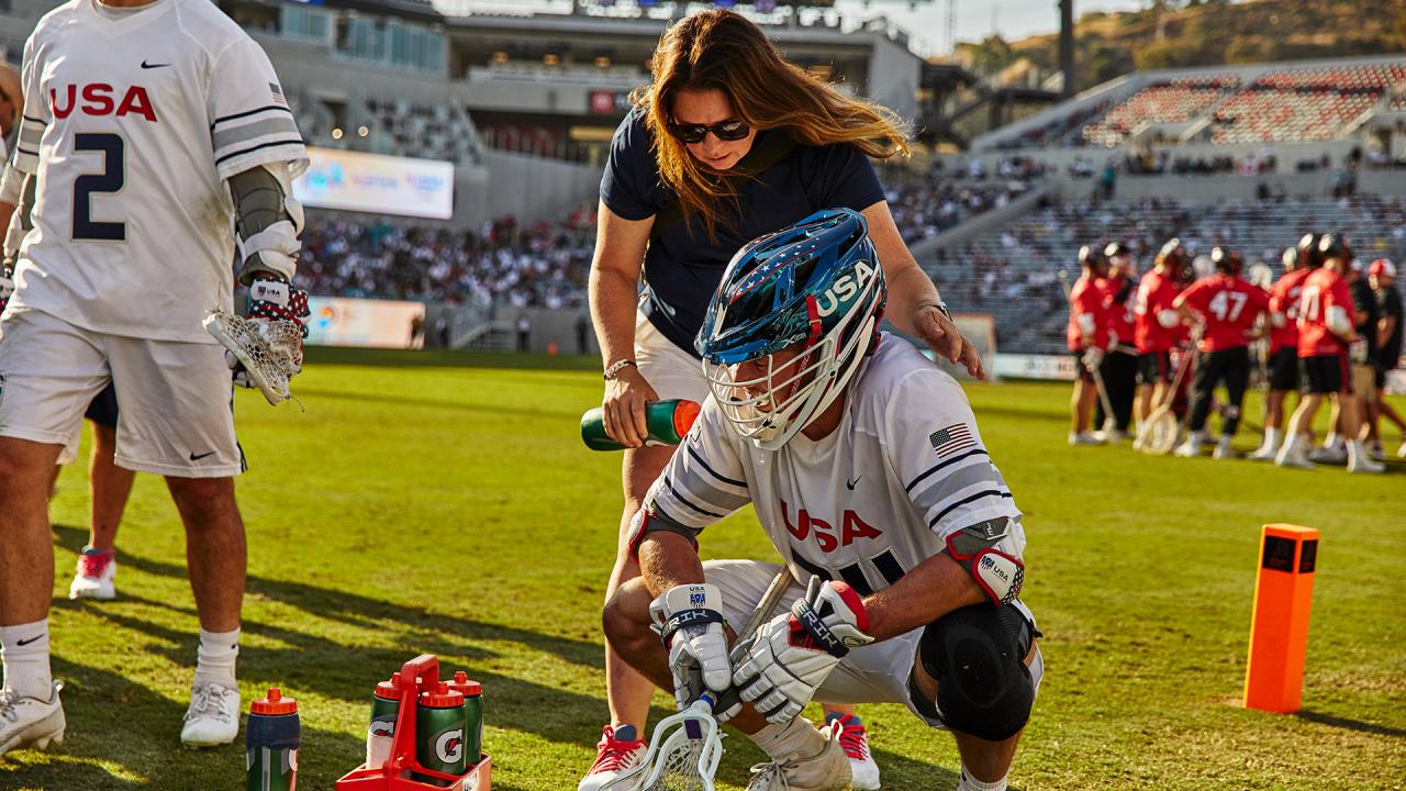 Mandy Merritt tends to a U.S. national team player during the 2023 men's world championship.