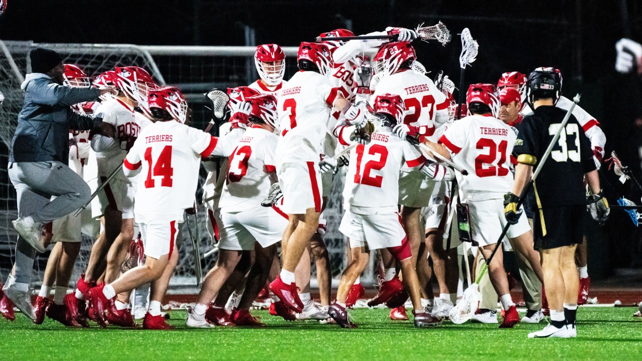 Boston University men's lacrosse celebrates its win over Army