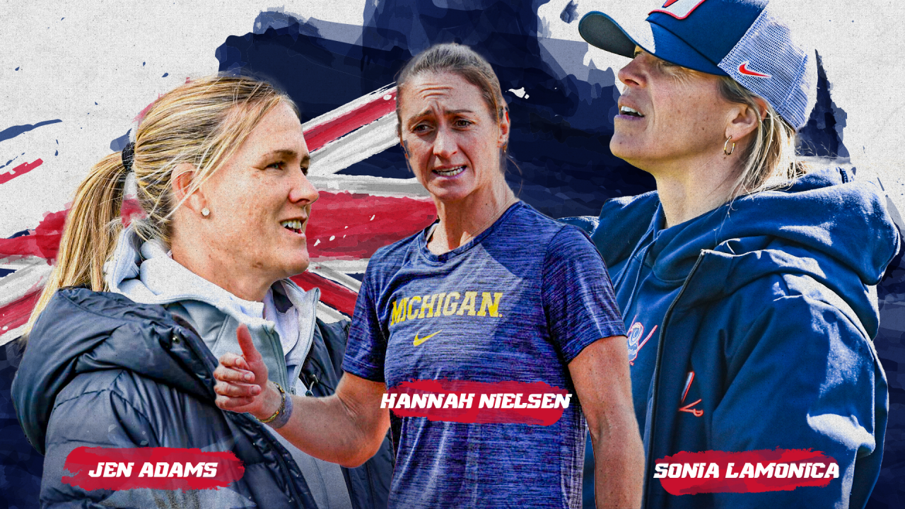 USA Lacrosse Magazine digital cover featuring (from left) Loyola head coach Jen Adams, Michigan head coach Hannah Nielsen and Virginia head coach Sonia LaMonica