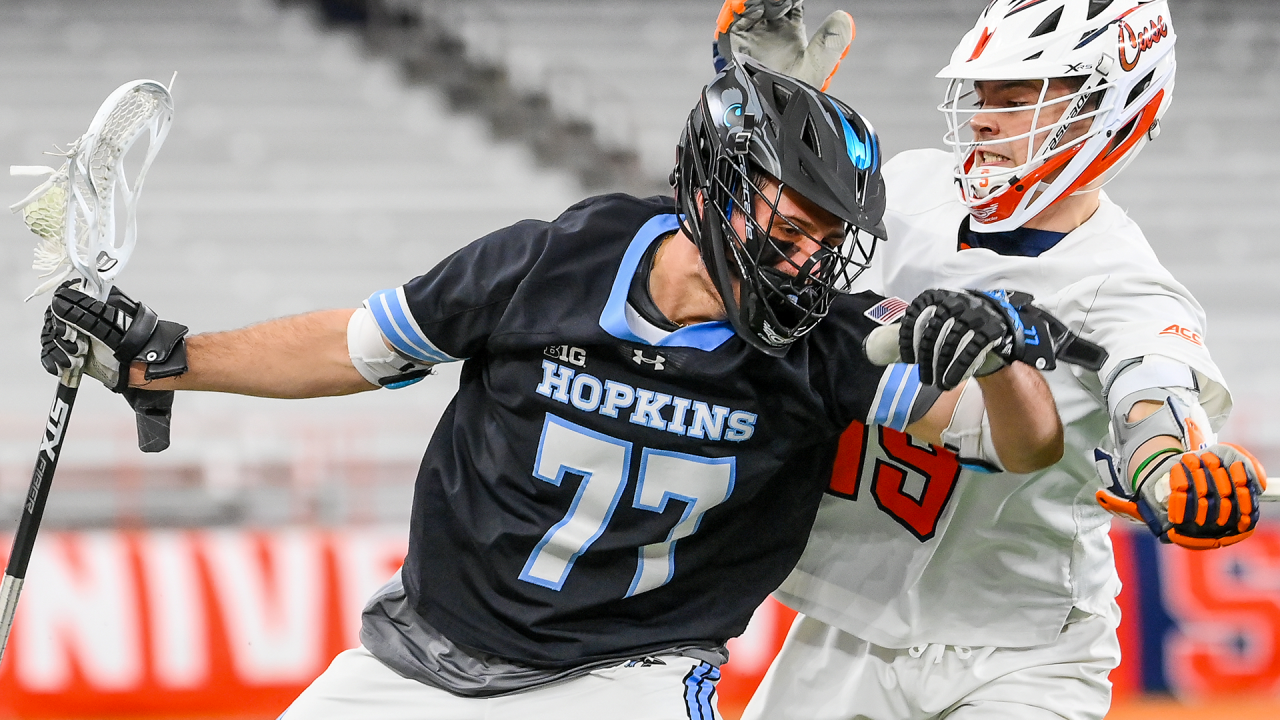 Hopkins' Hunter Jaronski in a 2023 game against Syracuse at the JMA Wireless Dome