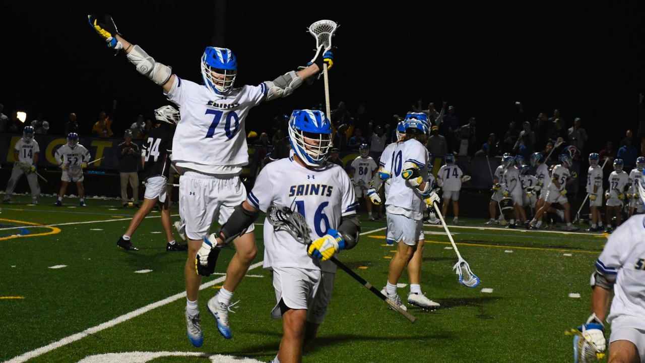 Limestone men's lacrosse celebrates a win over Lenoir-Rhyne.