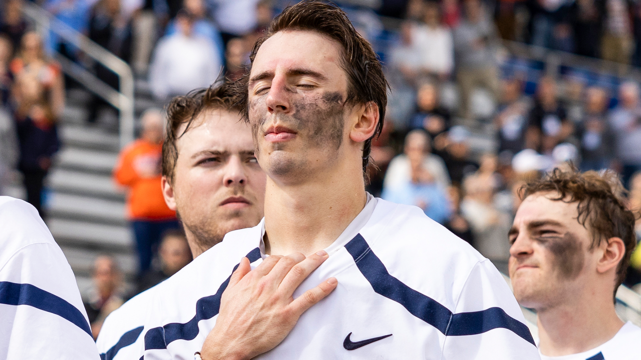Connor Shellenberger during the national anthem before Virginia's game against Johns Hopkins