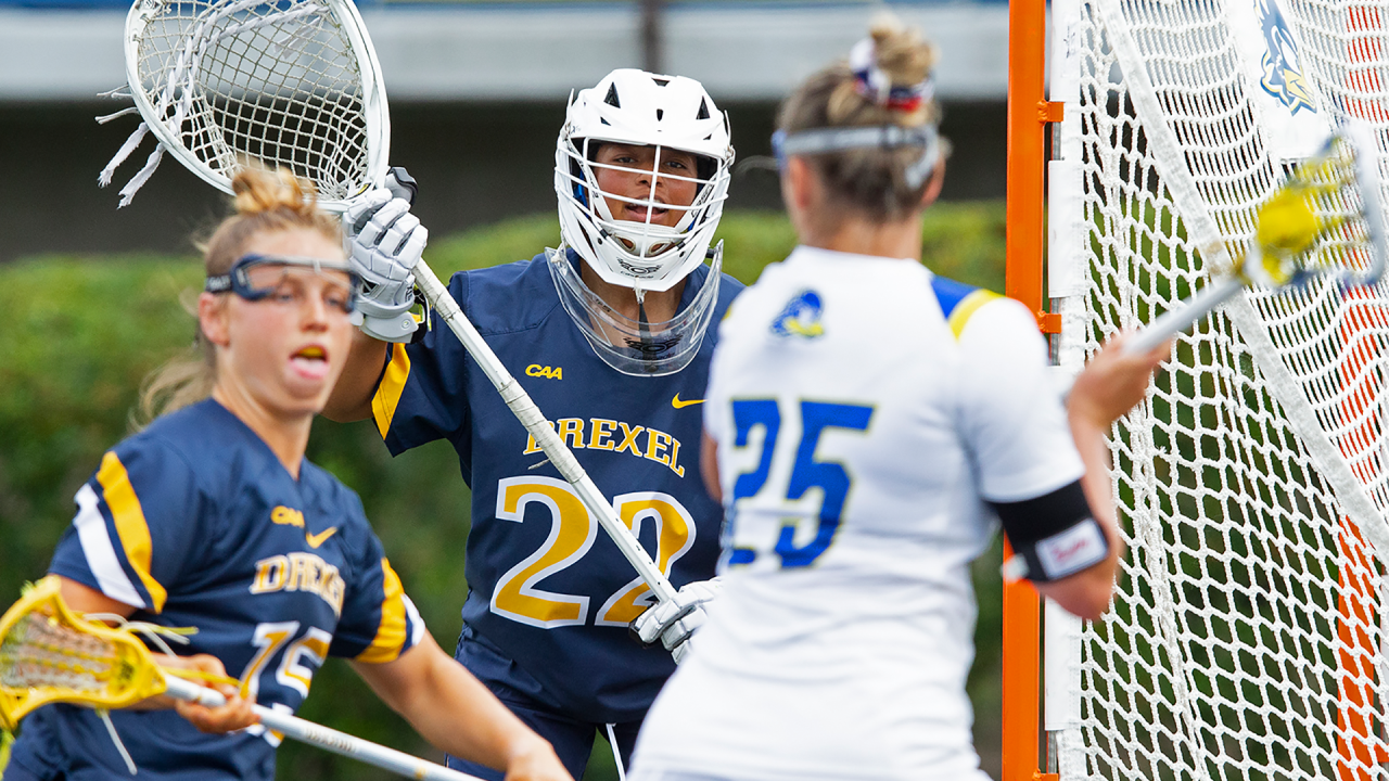 Drexel women's lacrosse goalie Jenika Cuocco during a 2023 game at Delaware