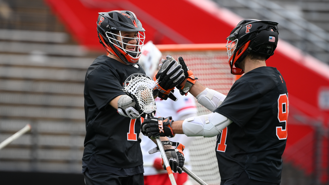 Princeton celebrates a goal against Rutgers.