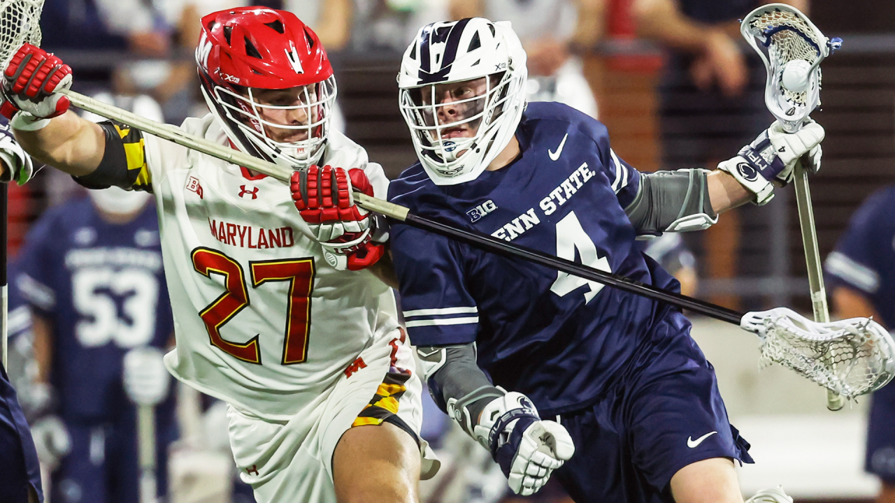 Penn State men's lacrosse player Kyle Lehman dodges against Maryland's Will Schaller in the Big Ten semifinals at Ohio State. 